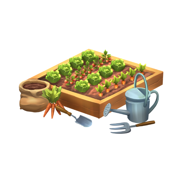 Gardening Bed with many vegetables and tools surrounding it.