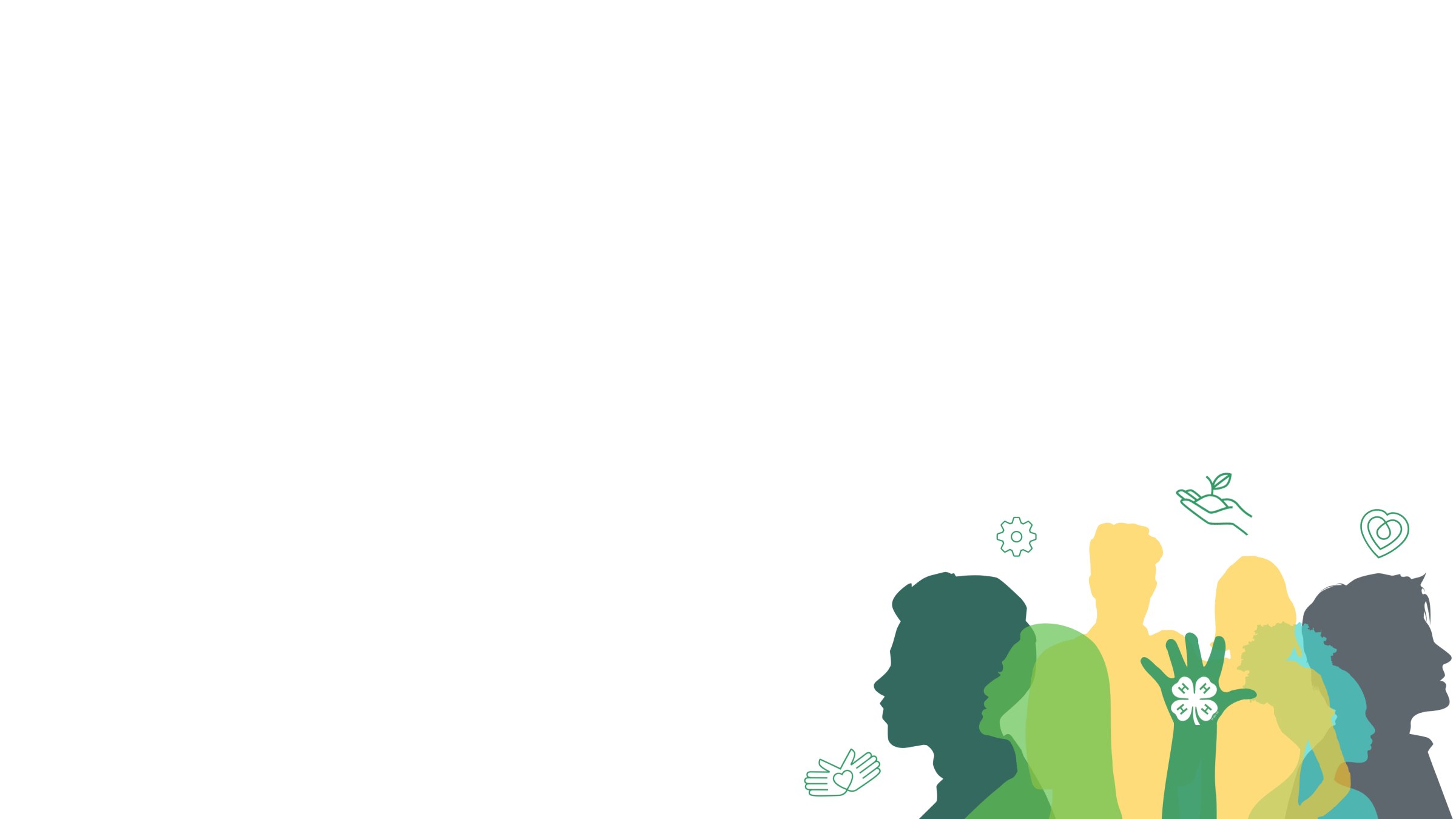 Silhouettes of side profiles and front facing people in various shades of blue green and yellow.